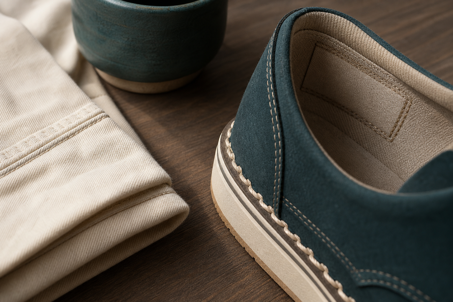 Close-up QC inspection of stitching, sole and logo details on an item before shipping