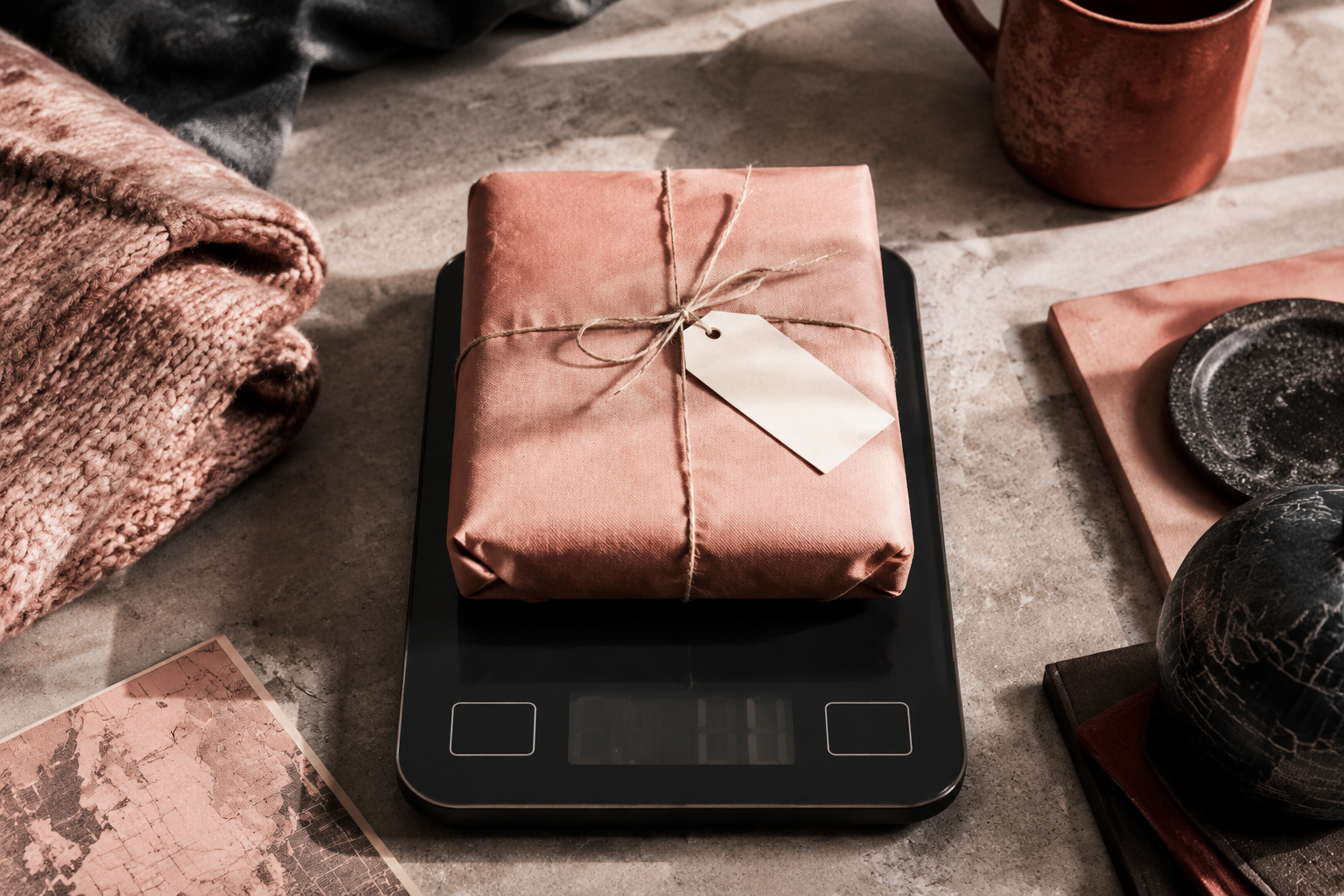 Digital scale weighing a consolidated cross-border parcel for 2026 shipping cost